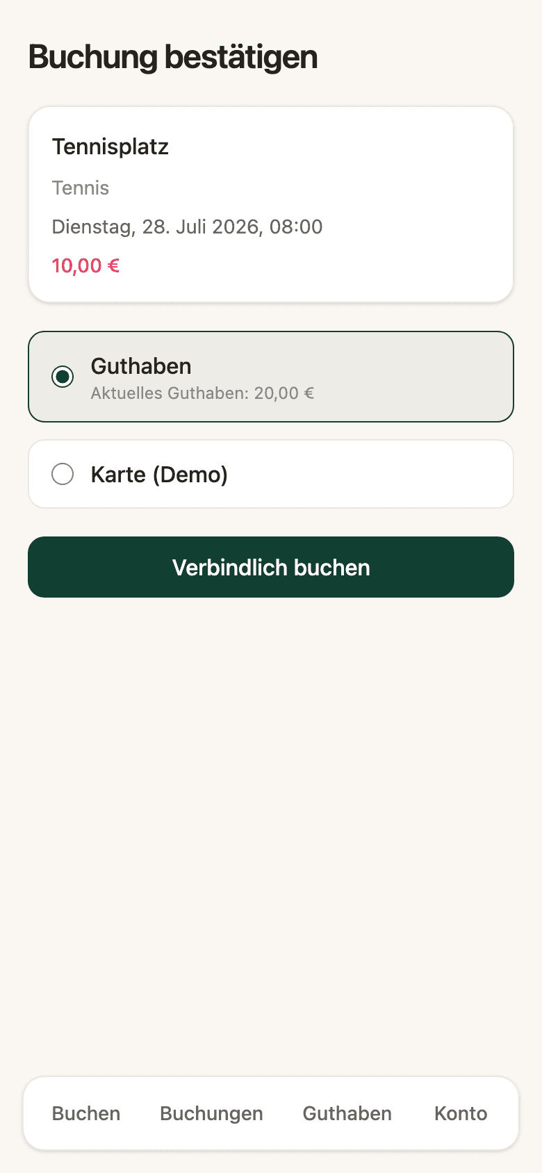 Bezahlen mit Karte oder Guthaben, in zwei Schritten